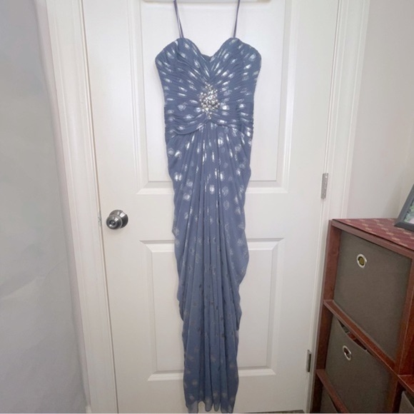 Adrianna Papell Foiled Dot Draped Mesh Gown Slate Gray Sz 2 - Picture 4 of 17